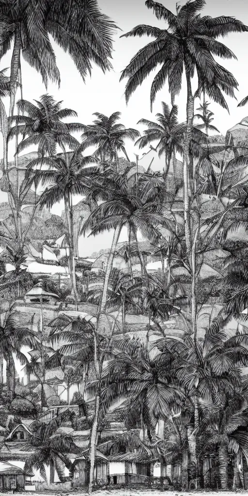 Prompt: quindio landscape with wax palms and small typical houses, drawed by kentaro miura, 4 k, hq scan, black & white