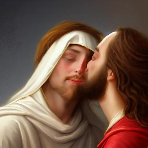 Prompt: jesus kissing a maria maddalena, elegant, highly detailed, digital painting, artstation, concept art, matte, sharp focus, illustration - n 9