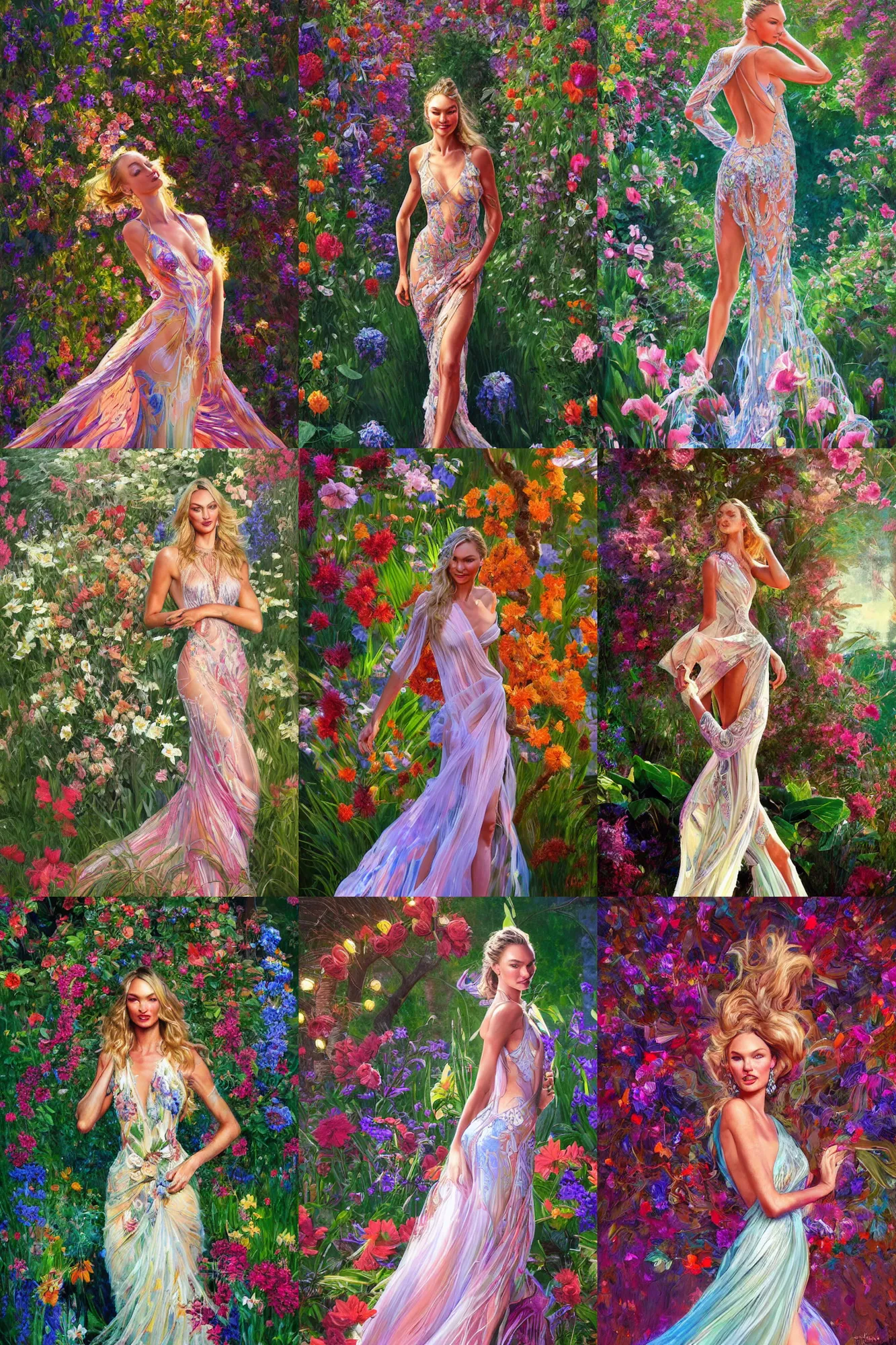 Prompt: portrait of candice swanepoel, background detailed flower garden, dynamic pose, flowing gown, glowing lights, intricate, elegant, highly detailed, digital painting, artstation, smooth, art by norman rockwell