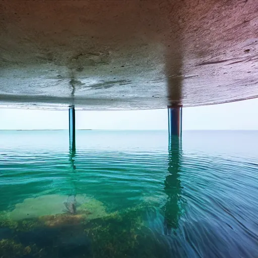 Prompt: photo of a bizarre oddly-shaped interior with shallow water everywhere