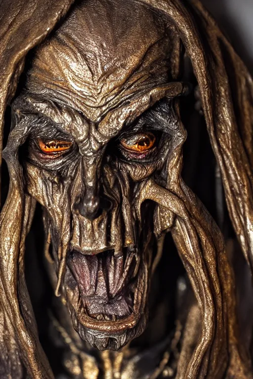 Image similar to photo taken of an epic intricate, ultra detailed, super realistic sculpture of a nightmarish hellish demonic hooded grim reaper sculpture on display in a workshop, created by weta workshop, full body shots, photorealistic, sharp focus, f 0. 4, face centred, macro photography, golden ratio, golden hour