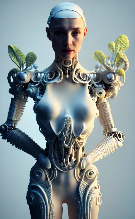 Prompt: intricate hyper detailed ultra sharp 3 d render of a beautiful smooth translucent porcelain seductive cyborg woman portrait, medium shot portrait, bright light, alexandre ferra mecha, haute couture cyberpunk art nouveau huge white fractal mycelum and fungi magnolia goliath head ornaments, big embroidered leaves filigree sinuous roots, octane render, volumetric cinematic lighting, 8 k, vray tracing