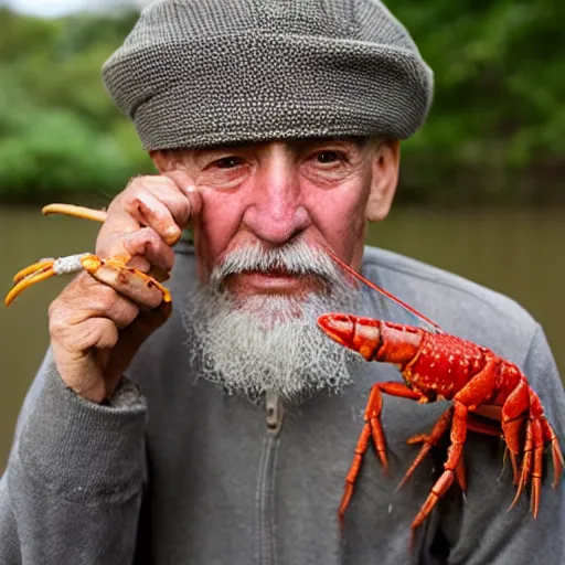 Prompt: a photo of an old man with a crayfish on his head, realistic