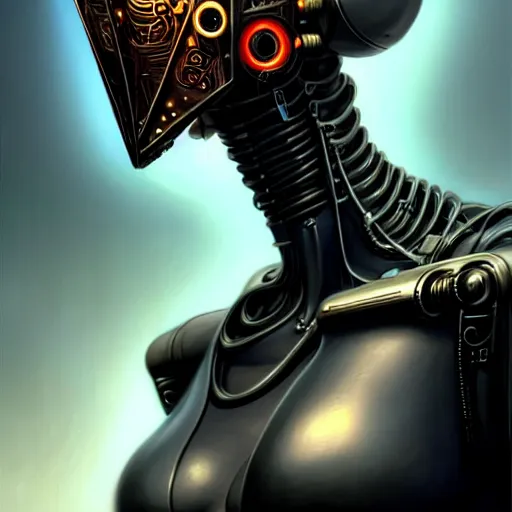 Prompt: low angle front shot of a cyberpunk gazmask robot character wearing a gazmask, intricate, elegant, highly detailed, centered, digital painting, artstation, concept art, smooth, sharp focus, illustration, artgerm, Tomasz Alen Kopera, Peter Mohrbacher, donato giancola, Joseph Christian Leyendecker, WLOP, Boris Vallejo