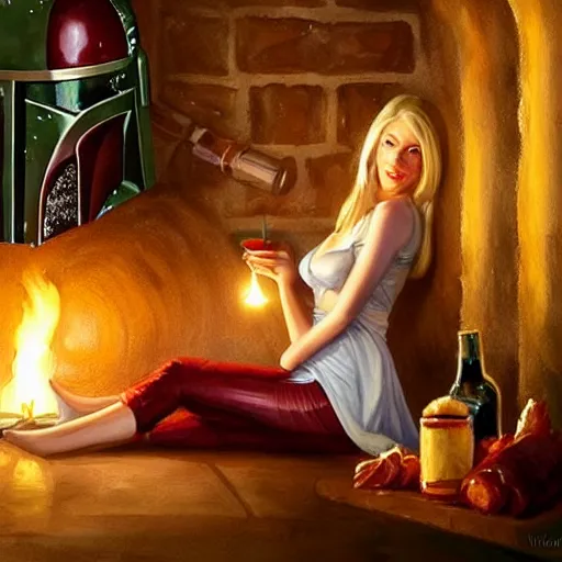 Image similar to blonde hot woman in wine cellar, boba fett!, drinking beer, eating meat, cozy, inviting, atmospheric, torches on the wall, watercolor! by vladimir volegov