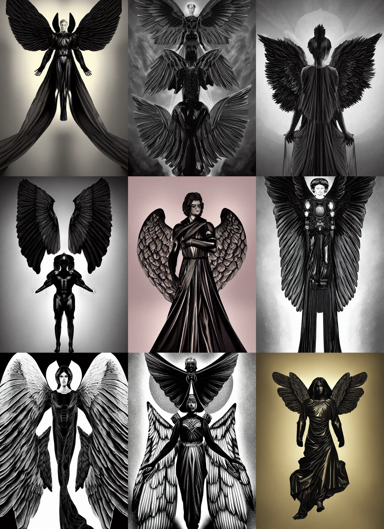 Prompt: portrait of an angel in heaven, huge black symmetric wings, obsidian black armor, balance, by frank franzzeta, digital illustration, chiaroscuro