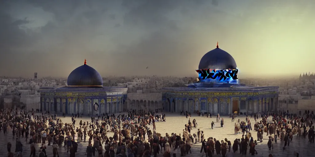 Prompt: dome of the rock, people walking, action scene, an epic fantasy, dramatic lighting, cinematic, establishing shot, extremely high detail, photorealistic, cinematic lighting, artstation, octane render, by christopher nolan, horizon forbidden west