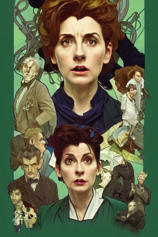 Image similar to doctor who, woman, as a mad dentist, on a plain green background, art by artgerm and greg rutkowski and alphonse mucha