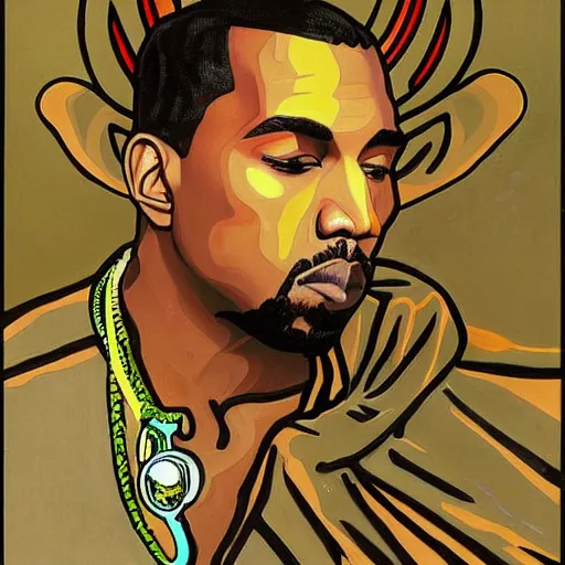 Prompt: surprised Kanye West, painting by Alphonse Mucha