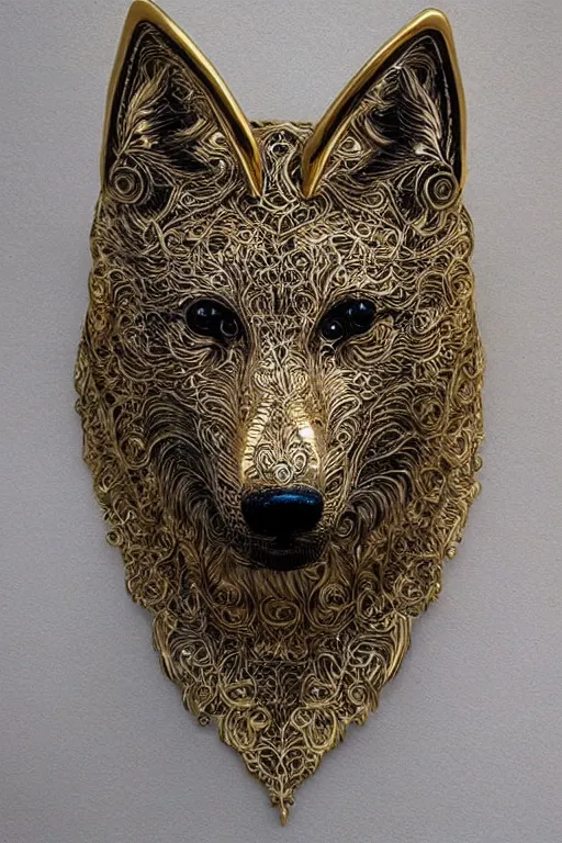 Prompt: gorgeous wolf statue with gold filigree