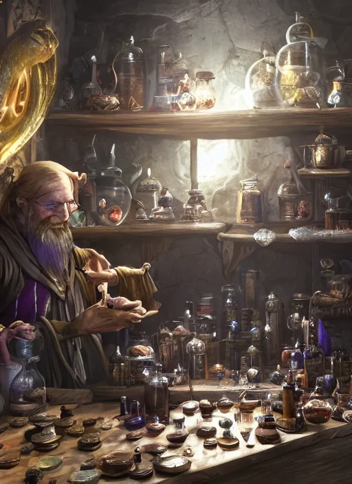 Image similar to potion seller in his store selling potions, ultra detailed fantasy, elden ring, realistic, dnd, rpg, lotr game design fanart by concept art, behance hd, artstation, deviantart, global illumination radiating a glowing aura global illumination ray tracing hdr render in unreal engine 5