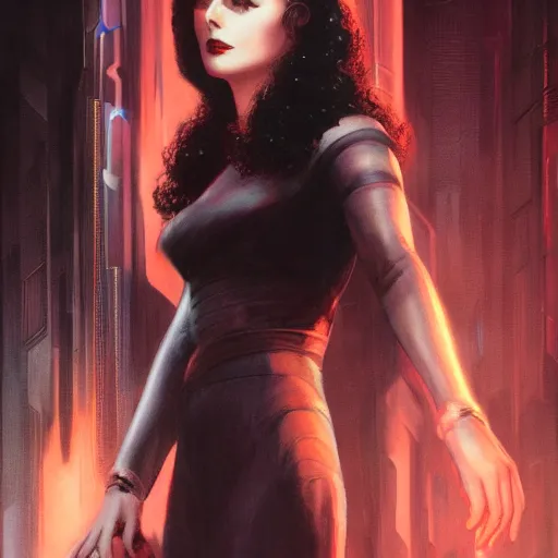 Prompt: young hedy lamarr, neuromancer, cyberpunk, high detail, dramatic light, digital art, dark, promotional art painted by seb mckinnon and greg rutkowski, trending on artstation