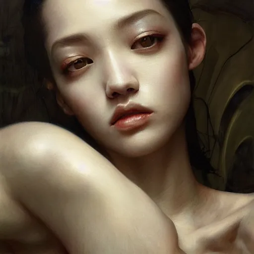 Image similar to Kiko Mizuhara, physically accurate, dramatic dynamic lighting, intricate, elegant, highly detailed, digital painting, artstation, very hyperrealistic, HR GIGER, Hieronymus Bosch, Francis Bacon, concept art, smooth, sharp focus, illustration, art by artgerm and greg rutkowski and alphonse mucha