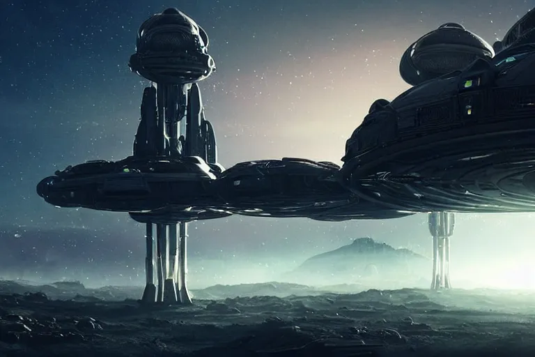 Image similar to an alien outpost with tall detailed structures with lights in the night sky on an alien planet, incredible detail, anamorphic, cinematic lens flare, ultrarealistic!!!