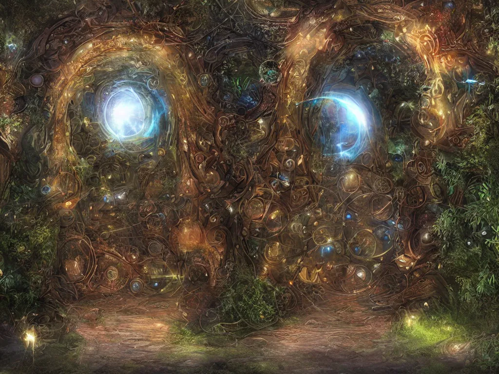 Prompt: mystic entrance with hundreds of portals to other worlds and dimensions