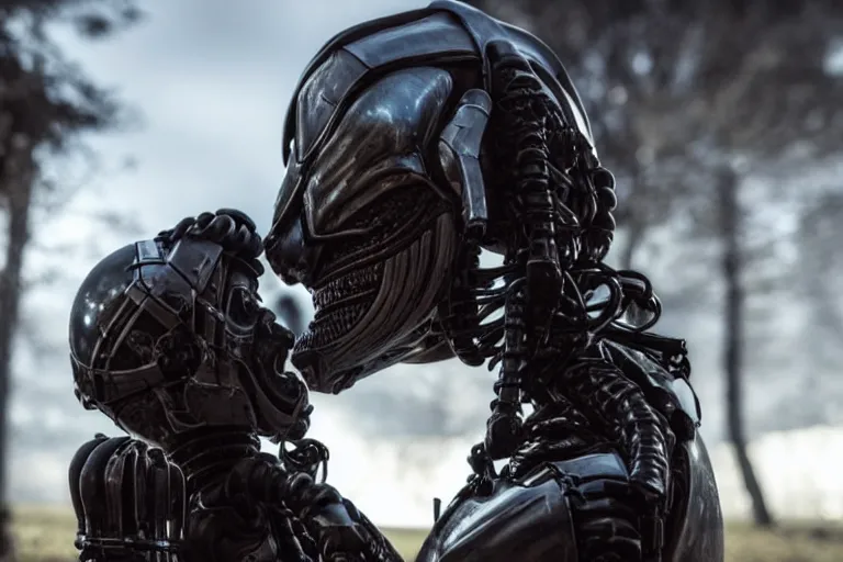 Image similar to movie scene closeup on cybernetic armor on alien specimen, military camp, flood lighting by emmanuel lubezki