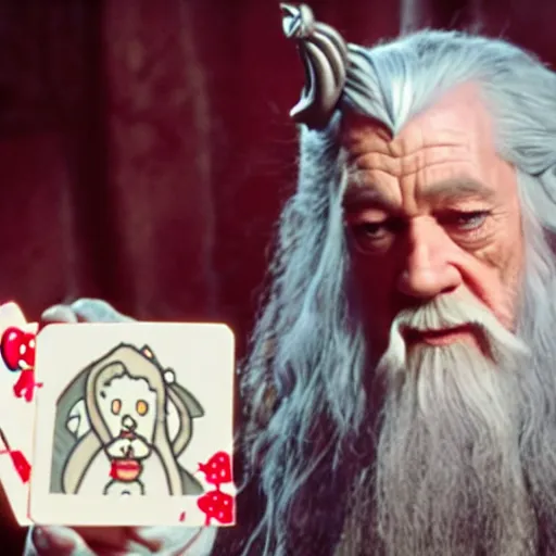 Image similar to portrait of gandalf, wearing a Hello Kitty costume, holding a blank playing card up to the camera, movie still from the lord of the rings