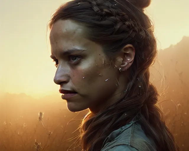 Image similar to highly detailed portrait of alicia vikander, in the walking dead, stephen bliss, unreal engine, fantasy art by greg rutkowski, loish, rhads, ferdinand knab, makoto shinkai and lois van baarle, ilya kuvshinov, rossdraws, tom bagshaw, global illumination, radiant light, detailed and intricate environment