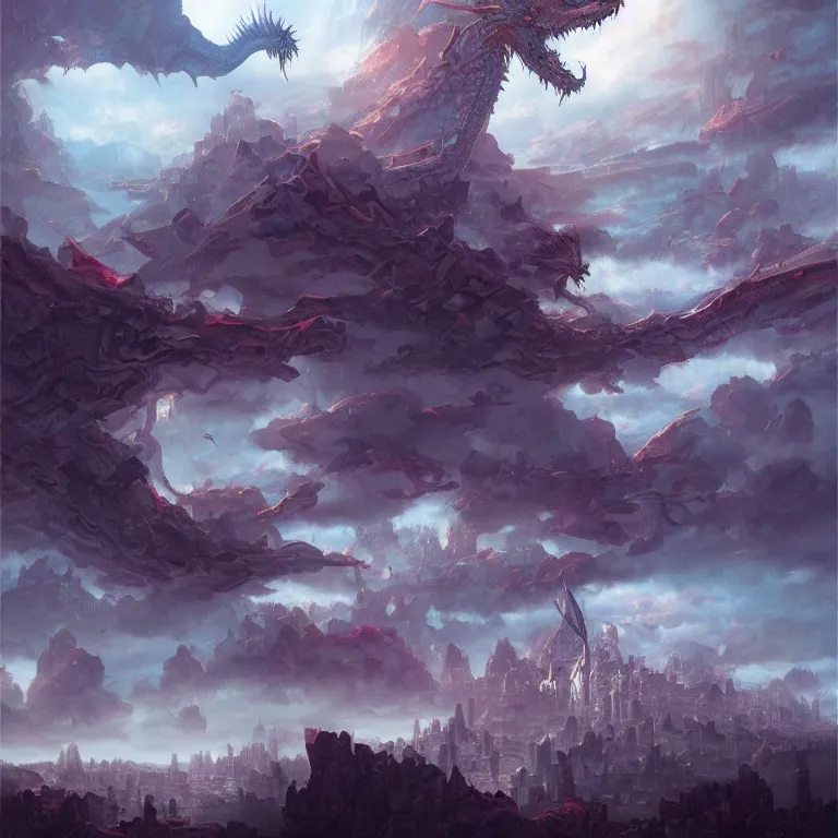 Image similar to dragon, huge city, floating city on clouds, by wayne barlowe, peter mohrbacher, kelly mckernan, epic scene, 4 k, fantasy, colorful, environment, detailed