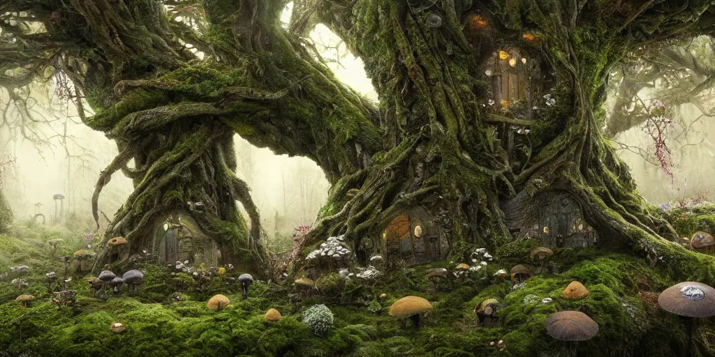 Prompt: a photorealistic cg render of huge old twisted tree with tiny mossy hobbit houses built into it, covered in moss, flowers and mushrooms, hints of peter mohrbacher, georges remi, albert uderzo, super - realistic, insanely intricate and detailed, atmospheric, volumetric lighting, cinematic, 4 k, high definition