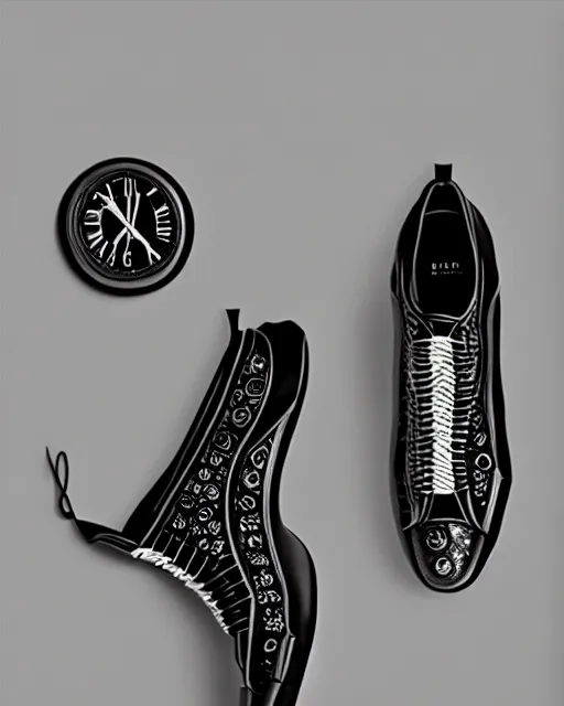 Image similar to balenciaga sneakers made out of clock parts, hyper realism, high detail, extremely detailed, very sharp, award winning photo, in the style of vivian maier