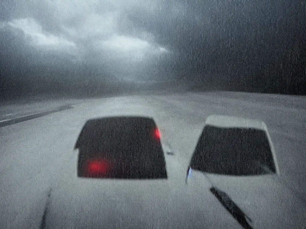 Prompt: dash cam footage, A dark ghost in the middle of a road staring at the driver. dramatic lighting, bad weather, dark clouds, horror footage, highly realistic. live cam