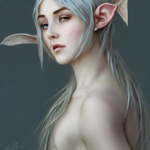 Prompt: portrait of very very beautiful elf, thorn rose crown, hair over face, headshot, looking up, hyper realistic, pale skin, silver hair, 4k, rule of thirds, extreme detail, detailed drawing, trending artstation, hd, fantasy, D&D, realistic lighting, by Alphonse Mucha, Greg Rutkowski, sharp focus, backlit, elegant