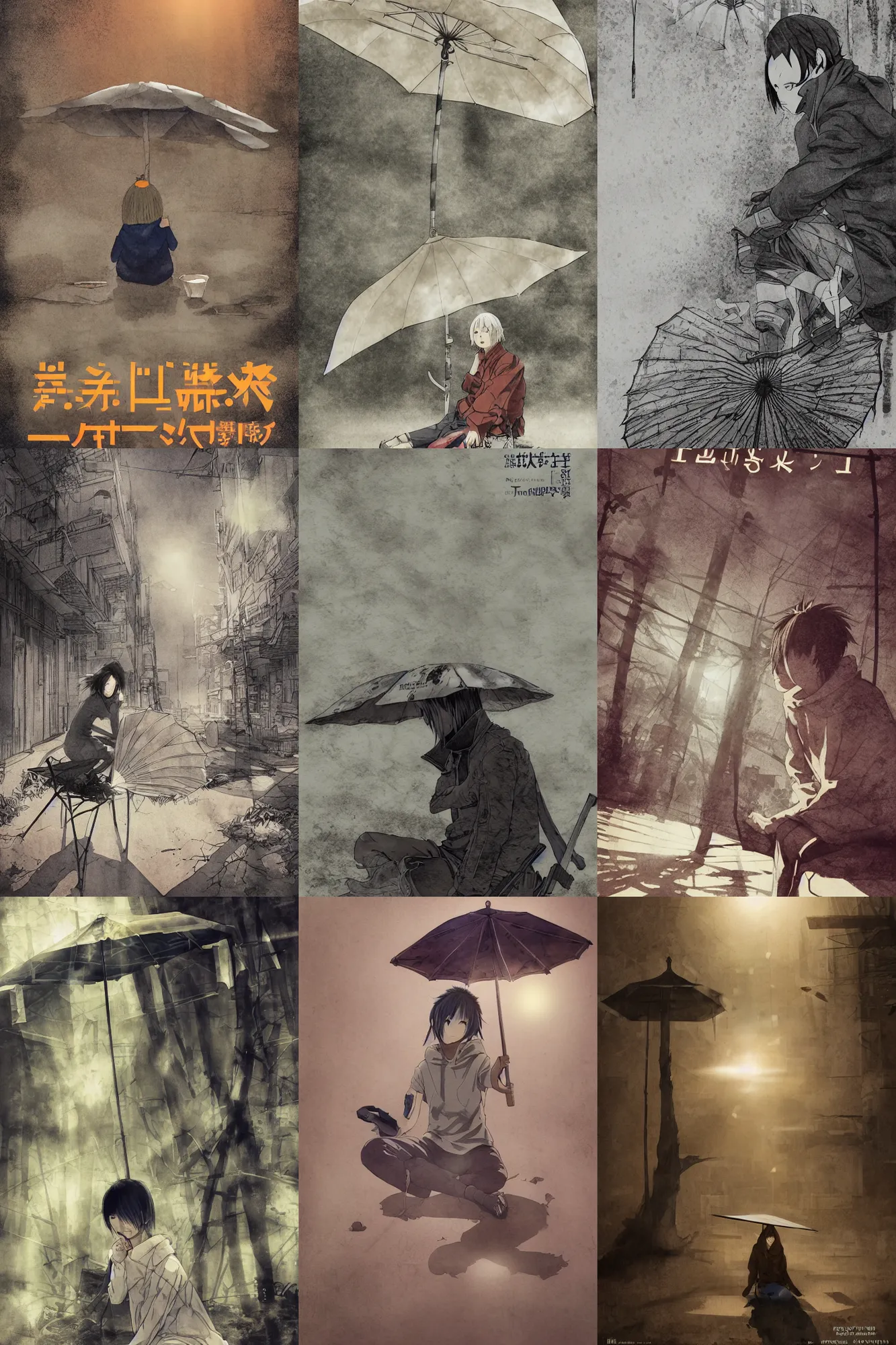 Prompt: tatsuyuki tanaka movie poster, genius party, shinjuku, koji morimoto, katsuya terada, masamune shirow, tatsuyuki tanaka, bright sun bleached ground, dusty, volumetric shadows, watercolor, paper texture, movie scene, distant shot of hoody girl side view sitting under a parasol in deserted dusty shinjuku junk town, old pawn shop, ,scary chameleon face muscle robot monster lurks in the background, ghost mask, teeth, animatronic, black smoke, pale beige sky, junk tv, texture, strange, impossible, fur, spines, mouth, pipe brain, shell, brown mud, dust, bored expression, overhead wires, telephone pole, dusty, dry, pencil marks, hd, 4k, remaster, dynamic camera angle, deep 3 point perspective, fish eye, dynamic scene