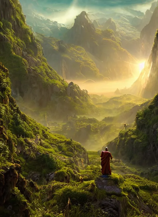 Prompt: a cosmic monk in lord of the rings scenery landscape, looking out at a vast lush valley at sunrise, alien temple on another planet, god's rays, highly detailed, vivid color, cinematic lighting, perfect composition, 8 k, gustave dore, derek zabrocki, greg rutkowski, belsinski, octane render