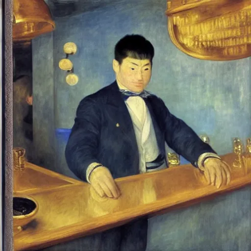 Prompt: portrait of a male bartender, chinese, muscular, brushed - back hair, half - robot, navy zhongshan suit, light blue ascot, monocle, in a bar lit by gold and silver neon lights, manet, renoir, impressionist