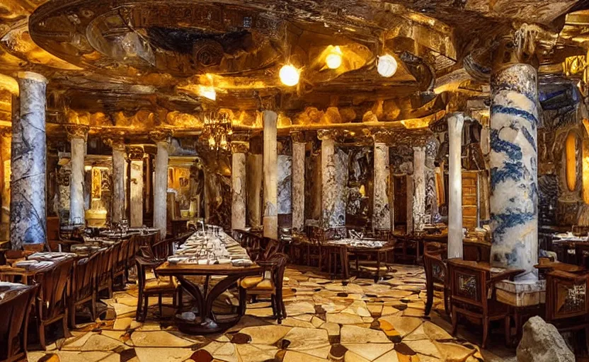 Image similar to interior of an atlantis themed restaurant, ancient greek style, mosaics, pillars, marble, golden details, tables, atmospheric lighting