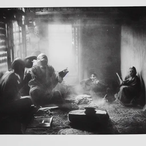 Image similar to people smoking opium in an opium den, monochrome film, dreamlike,