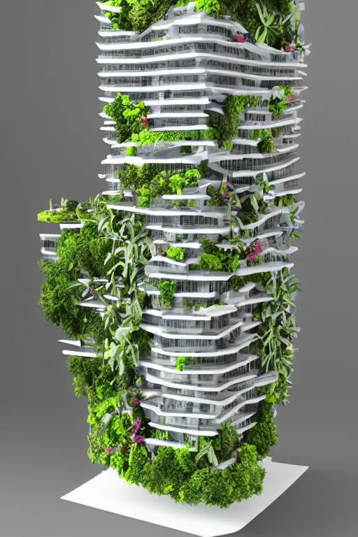 Image similar to 3 d printed physical model organic flowy including more than one city into one vertical building model that sits on a table in a room with a view back, multiple stories, transparent, with vegetation, colorful, eye - level view, 8 0 k, octane render, highly detailed 3 d render,