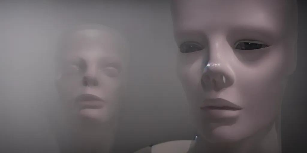 Image similar to a horror movie still in a mall of a mannequin that is painfully coming to life and is half alive, the background is misty, cinematic still, 4 k, dramatic, eerie, cinema lighting, low light