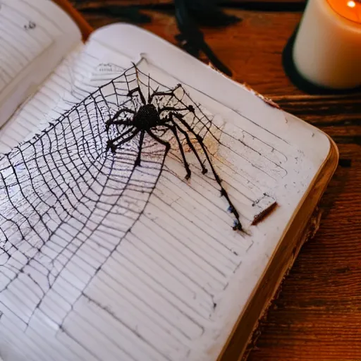 Prompt: very old and dusty diary book, covered with spider webs, nostalgic scene, candle light, warm light