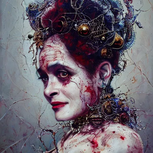 Image similar to expressive oil painting, of helena bonham carter mixed with sigourney weaver, bumpy mottled skin full of blood and scars, ornate headpiece made from crystals, cables and wires, body horror, by yoshitaka amano, by greg rutkowski, by jeremyg lipkinng, by artgerm, digital art, octane render