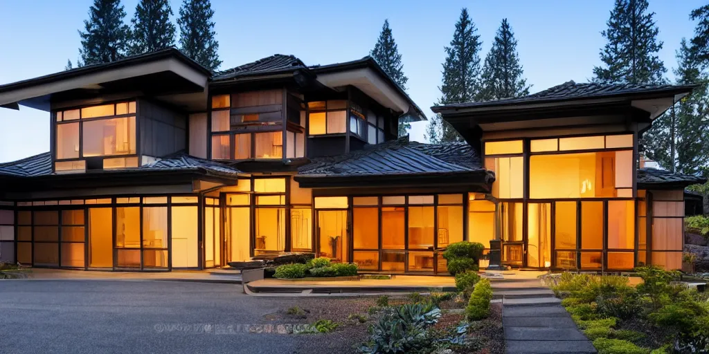 Prompt: large modern residence, pacific northwest japanese style, flared japanese black tile roof, many windows with warm light, elegant