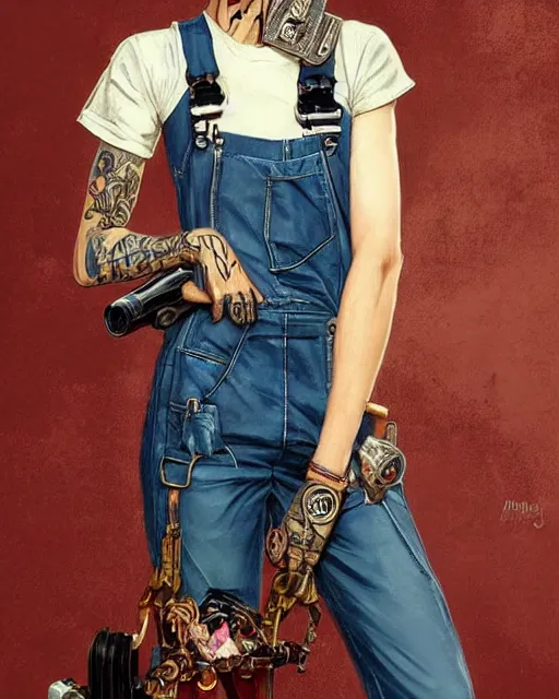 Image similar to a full body portrait beautiful androgynous punk girl with short hair and beautiful eyes, beautiful face, who is a mechanic wearing overalls with a utility bag, digital concept art, detailed digital painting, ornate decorative background, very aesthetic!!!!!!, by j. c. leyendecker and edward blair leighton and charlie bowater, trending on artstation