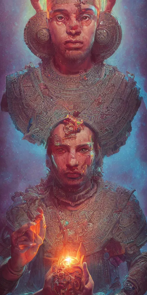 Image similar to Portrait of enlil sumerian god, holding a strobilus in his left hand, illustration, by James Jean, artgerm, octane render, by John Coltrane and Marc Simonetti, Manic, inspired by Greg rutkowski, colorful, high detail of the face, full body