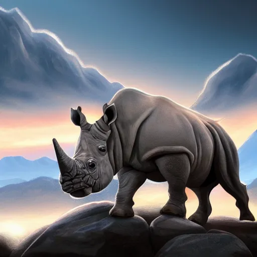 Image similar to digital painting of a white rhinoceros posing triumphantly on a craggy rock outcropping at sunrise, highly detailed, painted in the style of sam nielson on artstation, blizzard art