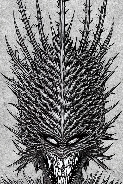 Image similar to thistle monster heavily armoured, symmetrical, highly detailed, digital art, needles, thorns, sharp focus, trending on art station, kentaro miura manga art style