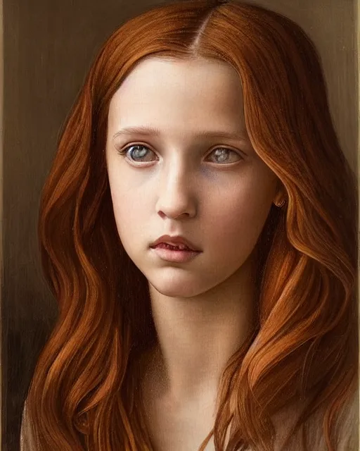 Image similar to a window - lit realistic portrait painting of a thoughtful girl resembling a young, shy, redheaded alicia vikander or millie bobby brown, lit by a window at the side, highly detailed, intricate, by leonardo davinci and boticelli