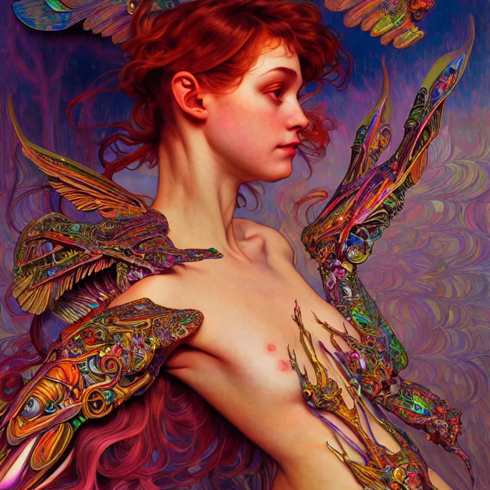 Image similar to bright psychedelic portrait of organic cyborg wings, diffuse lighting, fantasy, intricate, elegant, highly detailed, lifelike, photorealistic, digital painting, artstation, illustration, concept art, smooth, sharp focus, art by John Collier and Albert Aublet and Krenz Cushart and Artem Demura and Alphonse Mucha