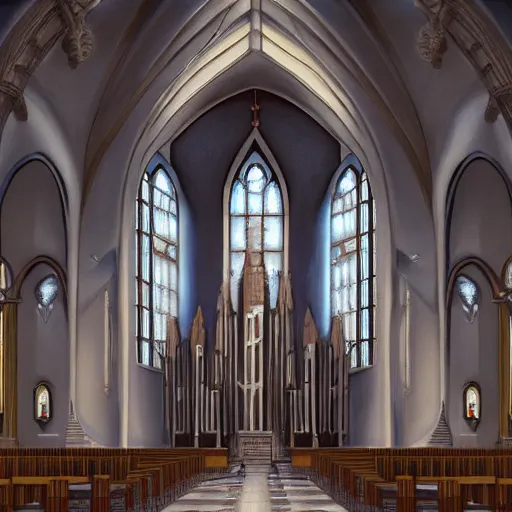 Image similar to a symmetrical cult church, oil painting, pale colors, high detail, 8 k, wide angle, trending on artstation,