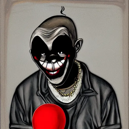 Image similar to grunge cartoon painting of kanye with a wide smile and a red balloon by chris leib, loony toons style, pennywise style, corpse bride style, horror theme, detailed, elegant, intricate