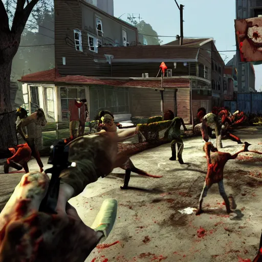 Image similar to michael cera in left 4 dead 2, hd screenshot, group photo, zombies in background