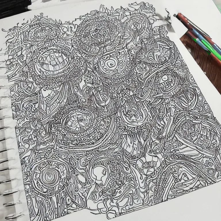 Image similar to notebook doodle architecture sketch with extremely intricate psychedelic dmt mushrooms lsd patterns hyper detailed linework pen and paper