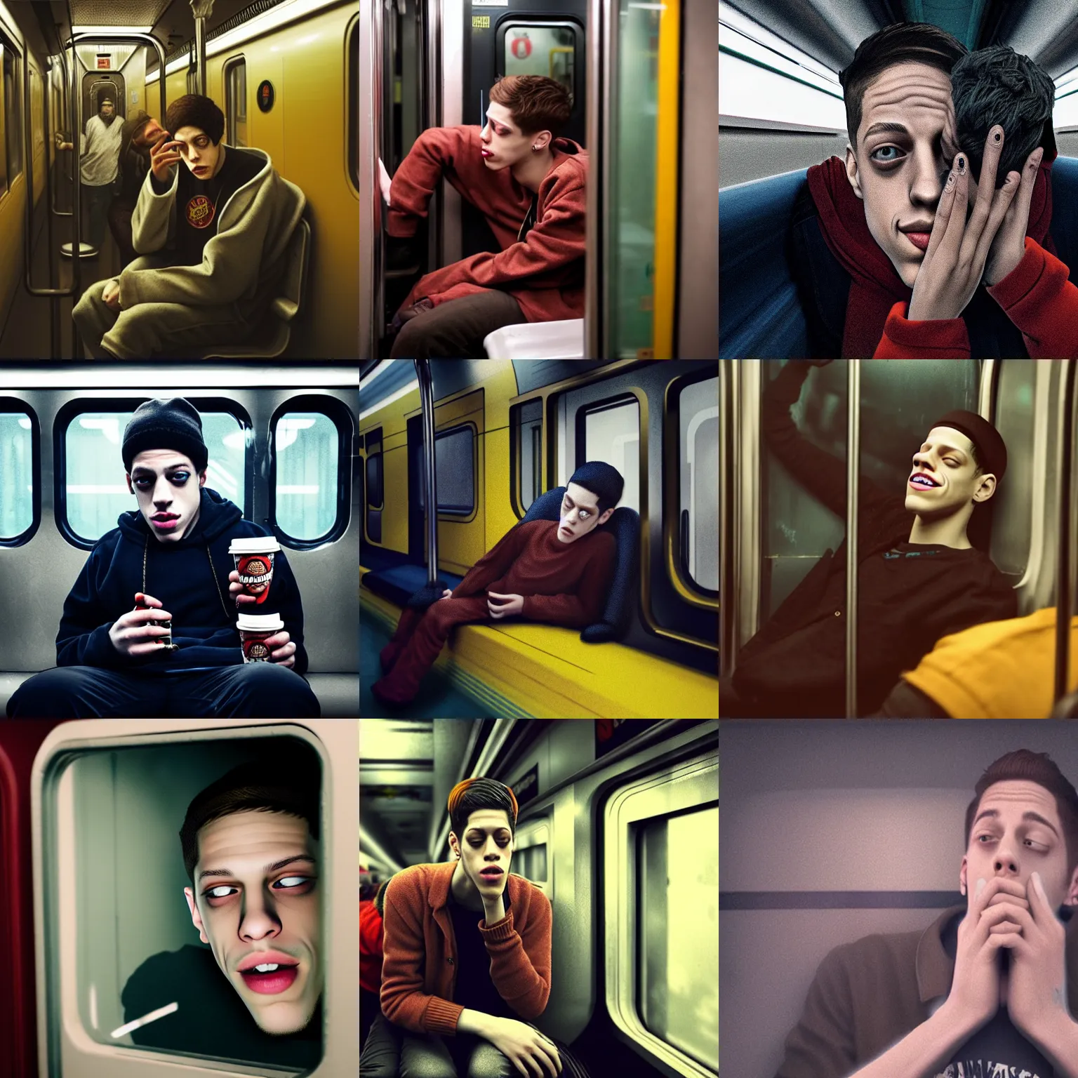 Prompt: Pete Davidson doing drugs on a subway train, depressed, scared, in the style of michael cheval, 4k, photorealistic, octane render,