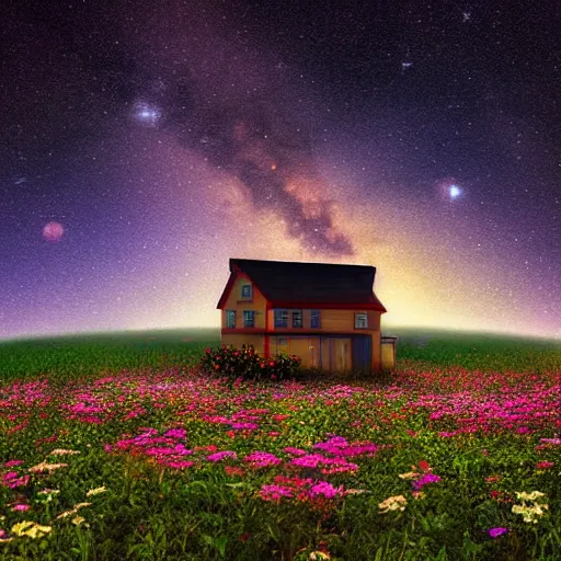 Image similar to A small lonely house in the middle of a flowery field. Beautiful view of the milky way in the night sky. Wide angle shot, award-winning digital art in the anime style by studio Ghibli