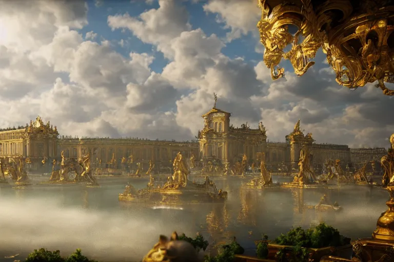 Prompt: Versailles France but it is floating in the sky with steampunk technology while large white fluffy animals fly by, oil painting, unity engine, wide angle, anime styled 3d, trending on artstation, high definition, god rays, caustics